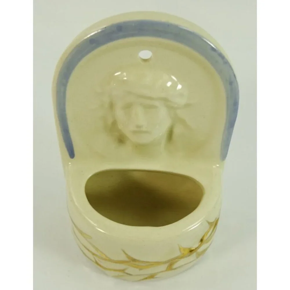 Holy Water Font Wall Hanging Ceramic Jesus Crown of Thorns White Blue USA - Picture 3 of 9